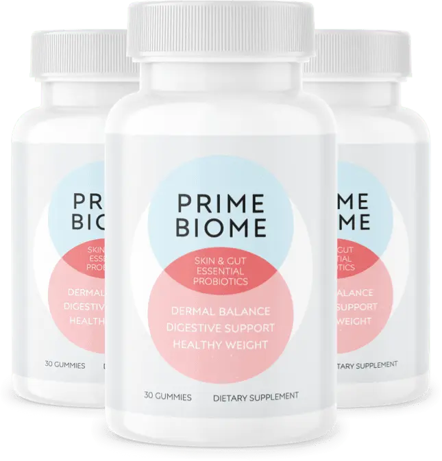 Three bottles of PrimeBiome probiotic gummies